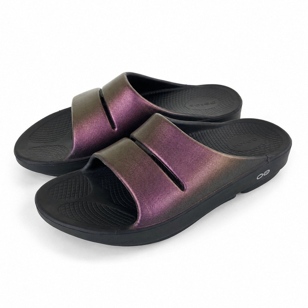 Oofos OOahh Sport Luxe Recovery Slides Women 11 Men 9 Purple Iridescent Comfort